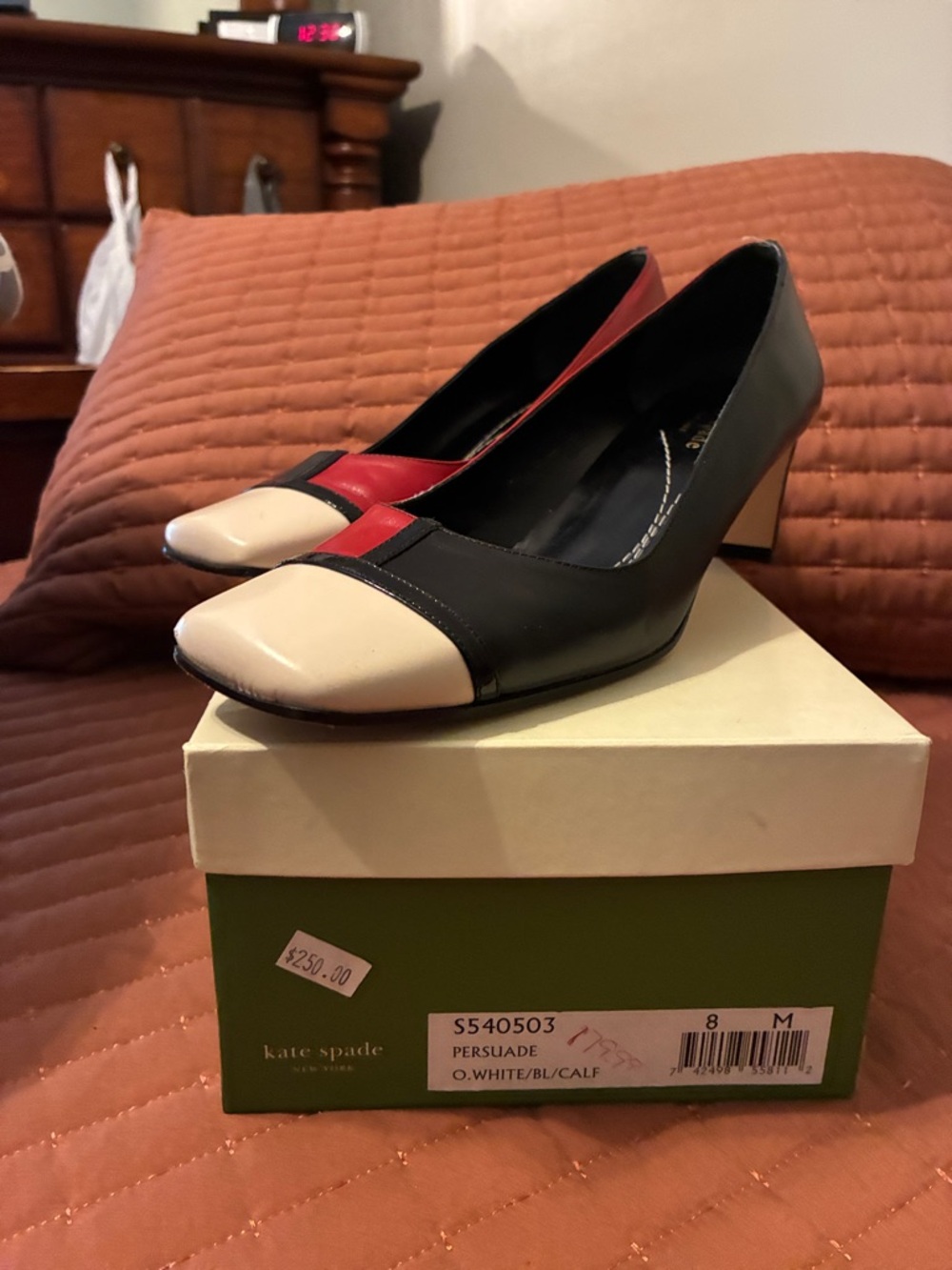 kate spade Black, Cream & Red Colorblock Mid Heel Pumps